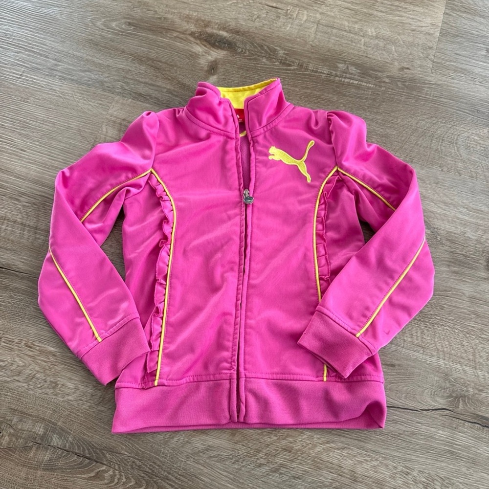 Puma Pink Girls Zip-Up Jacket with Yellow Logo Trim